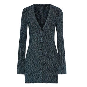 Theory Marled Ribbed Knit Cardigan Blue Black Cabled Print Flared Cuff sz SM